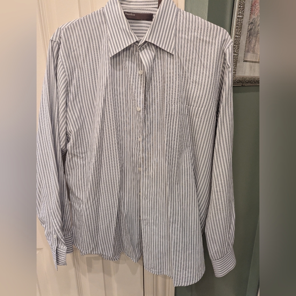 Perry Ellis Gray and White Striped Button Down Shirt